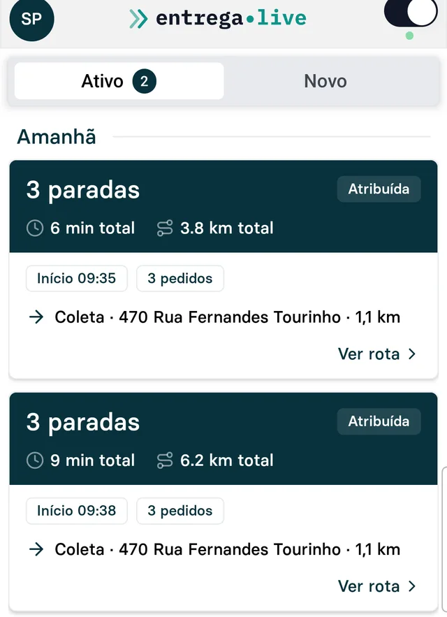 Lista de rotas no app do motorista